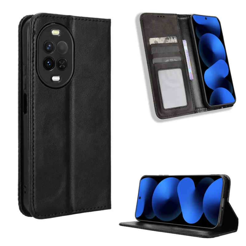 For Huawei nova 16z 5G Leather Case Wallet Stand Retro Texture Phone Cover - Black - 1
