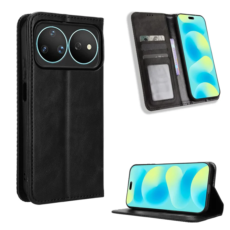 For Huawei nova 16 Pro 5G / Huawei nova 16 Ultra 5G Leather Case Wallet Stand Retro Texture Phone Cover - Black - 1