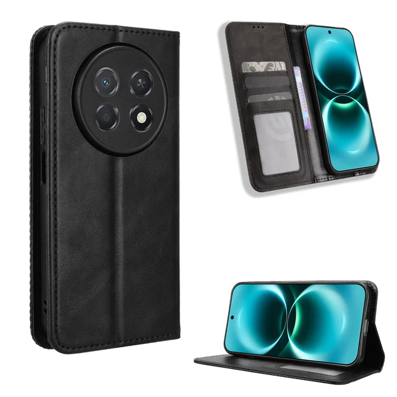 For Huawei Enjoy 90 Pro Max / Huawei nova 15 Max Leather Case Wallet Stand Retro Texture Phone Cover - Black - 1