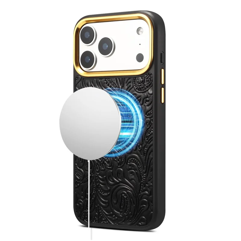 DENIOR A26+2 For iPhone 17 Pro Magnetic Case Retro Embossed Flower Genuine Cow Leather Coated PC + TPU Phone Cover with Metal Lens Frame - Black - 1