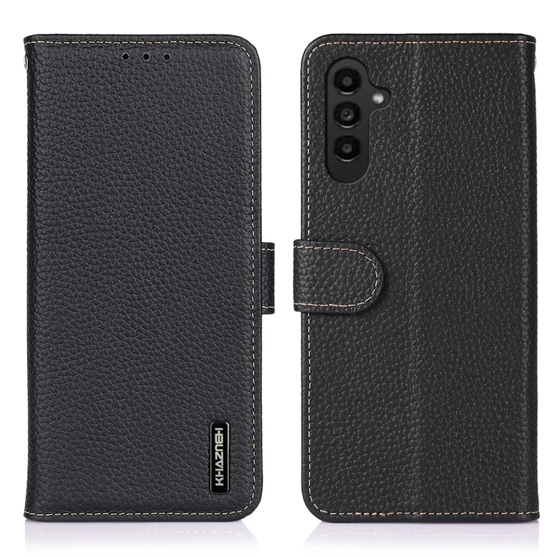 KHAZNEH For Samsung Galaxy S26 FE Wallet Case Litchi Texture Genuine Cow Leather Flip Phone Cover - Black - 1