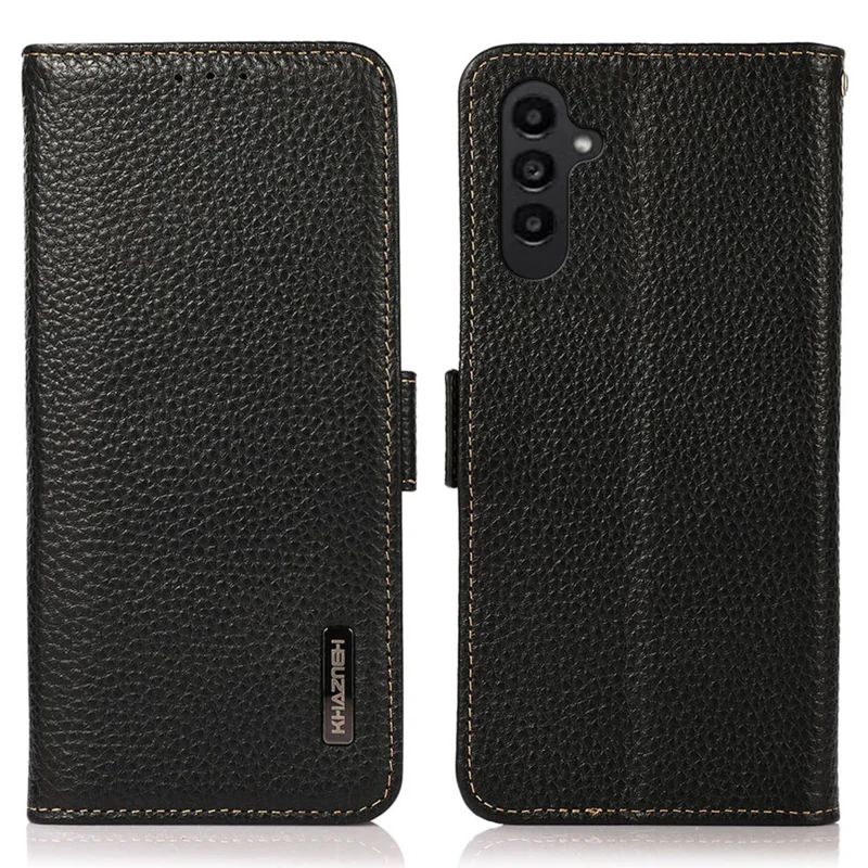 KHAZNEH for Samsung Galaxy S26 FE Phone Case Litchi Texture Genuine Cow Leather Cover RFID Blocking - Black - 1