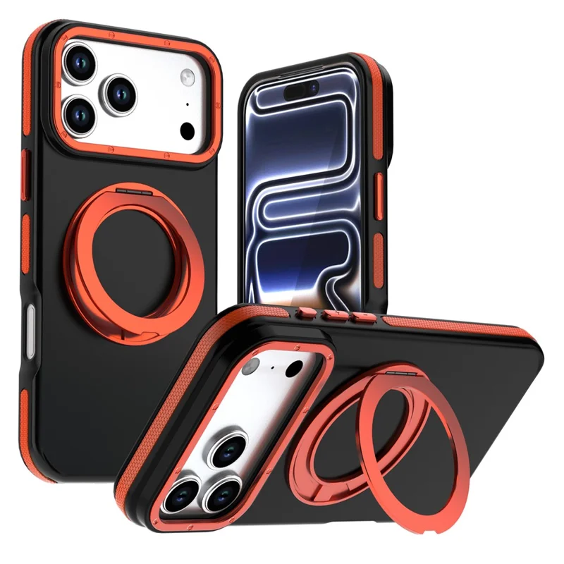 For iPhone 18 Pro Max Magnetic Case Double Color Rotating Ring Kickstand PC + TPU Phone Cover - Orange - 1