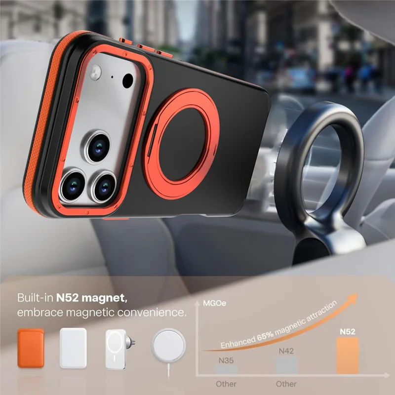 For iPhone 18 Pro Max Magnetic Case Double Color Rotating Ring Kickstand PC + TPU Phone Cover - Orange - 4