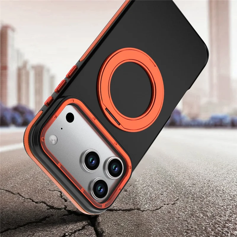 For iPhone 18 Pro Max Magnetic Case Double Color Rotating Ring Kickstand PC + TPU Phone Cover - Orange - 5