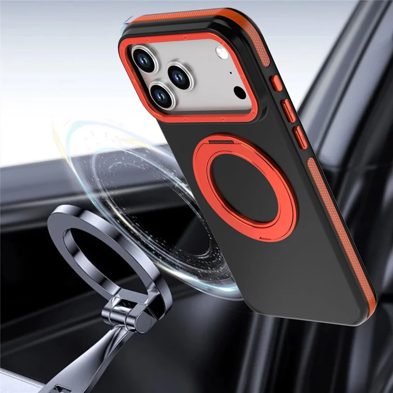 For iPhone 18 Pro Max Magnetic Case Double Color Rotating Ring Kickstand PC + TPU Phone Cover - Orange - 7