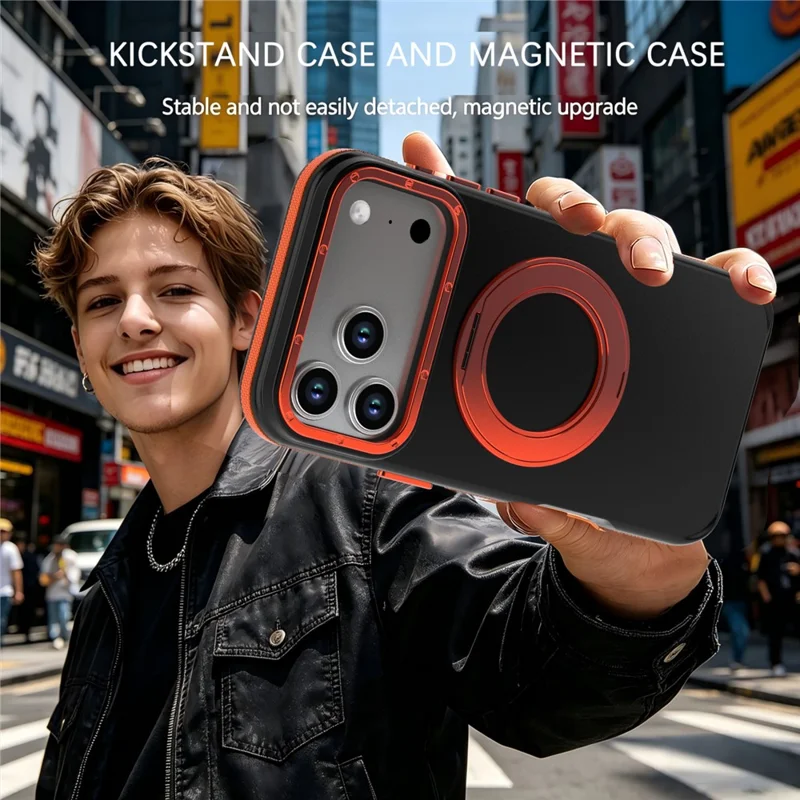 For iPhone 18 Pro Max Magnetic Case Double Color Rotating Ring Kickstand PC + TPU Phone Cover - Orange - 8