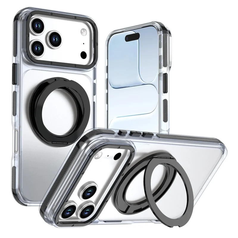 For iPhone 18 Pro Max Magnetic Case Rotating Ring Kickstand Dual Color Acrylic + TPU Clear Phone Cover - Black - 1