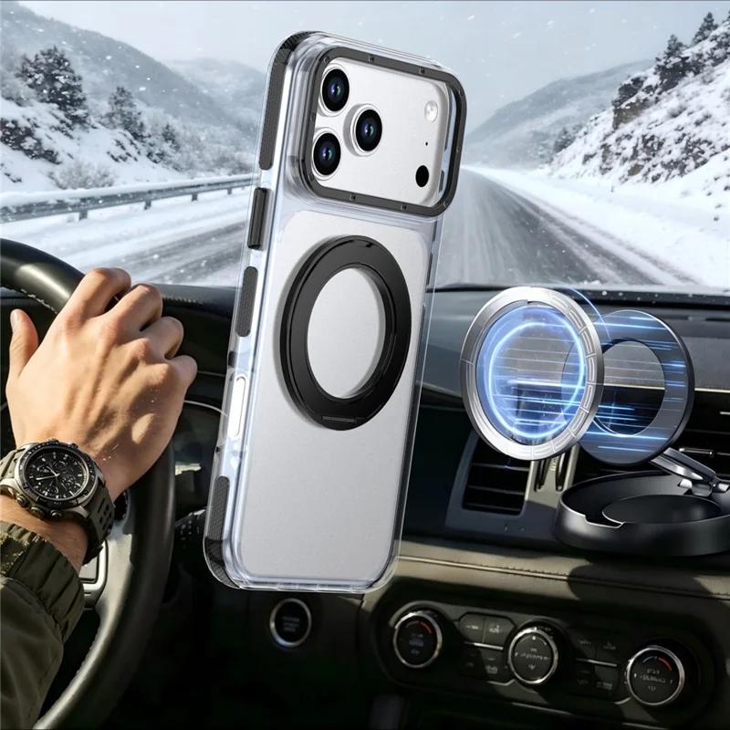 For iPhone 18 Pro Max Magnetic Case Rotating Ring Kickstand Dual Color Acrylic + TPU Clear Phone Cover - Black - 4
