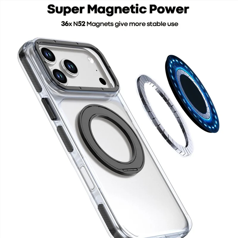 For iPhone 18 Pro Max Magnetic Case Rotating Ring Kickstand Dual Color Acrylic + TPU Clear Phone Cover - Black - 8