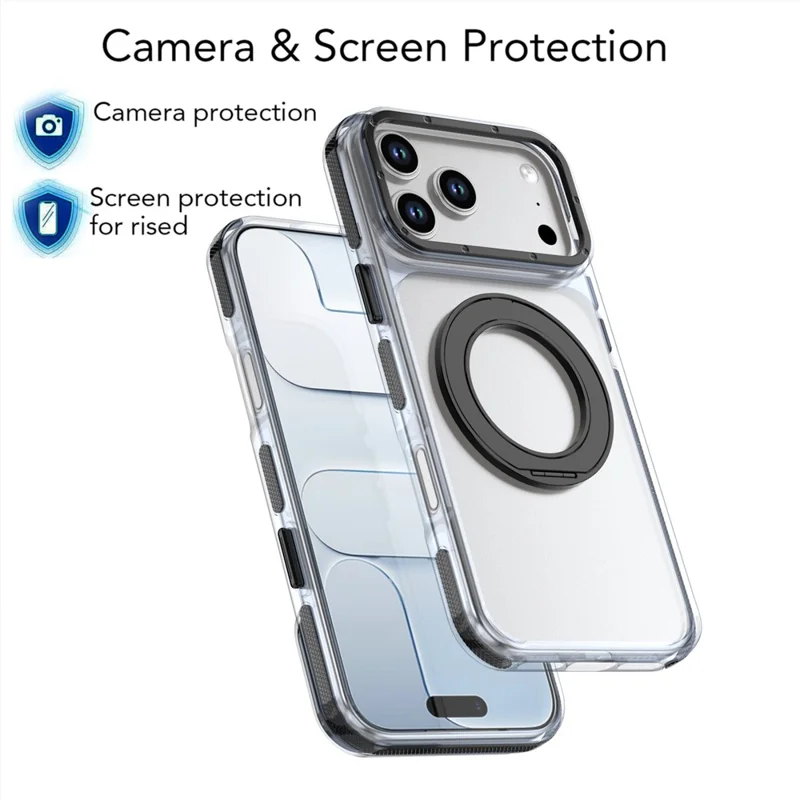 For iPhone 18 Pro Max Magnetic Case Rotating Ring Kickstand Dual Color Acrylic + TPU Clear Phone Cover - Black - 9