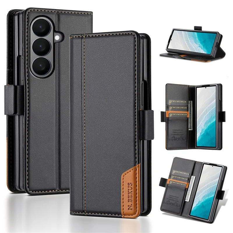 N.BEKUS For Samsung Galaxy Z Fold8 Ultra Stand Case RFID Blocking PU Leather Wallet Phone Cover - Black - 1