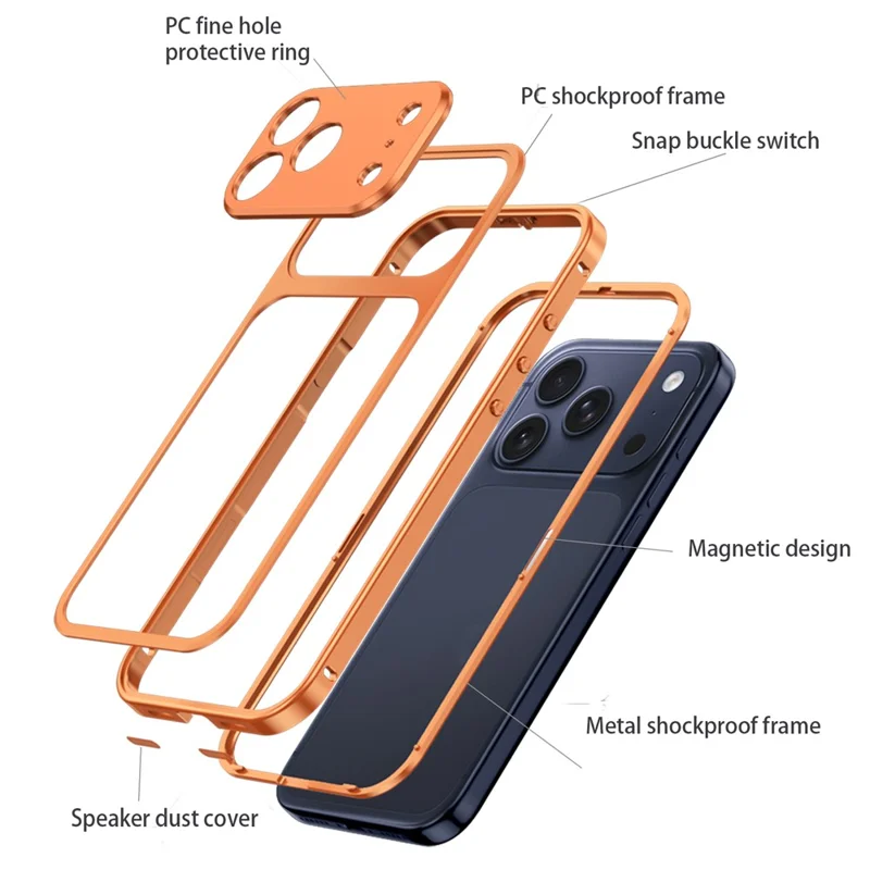 For iPhone 18 Pro Metal Frame Case Magnetic Snap On Frame PC Hollow Back Heat Dissipation Shockproof Cover - Titanium Orange - 2