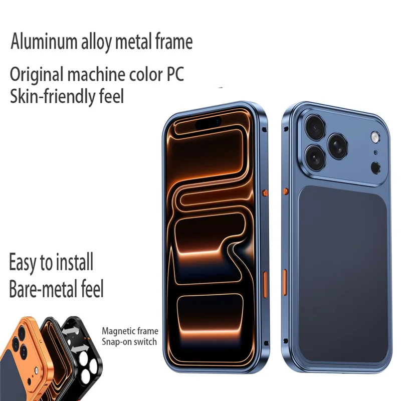 For iPhone 18 Pro Max Metal Frame Case Magnetic Snap On Frame PC Hollow Back Heat Dissipation Shockproof Cover - Titanium Orange - 3