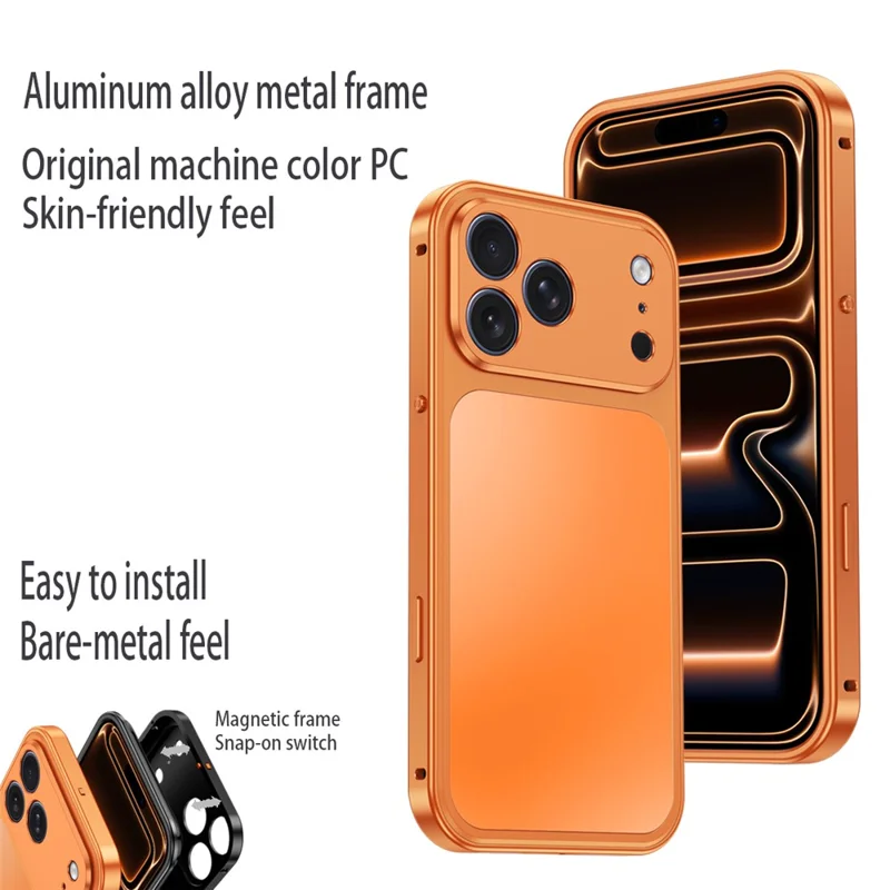 For iPhone 18 Pro Magnetic Case Metal Frame PC Back Phone Cover with Pop-Up Buckle - Orange - 2