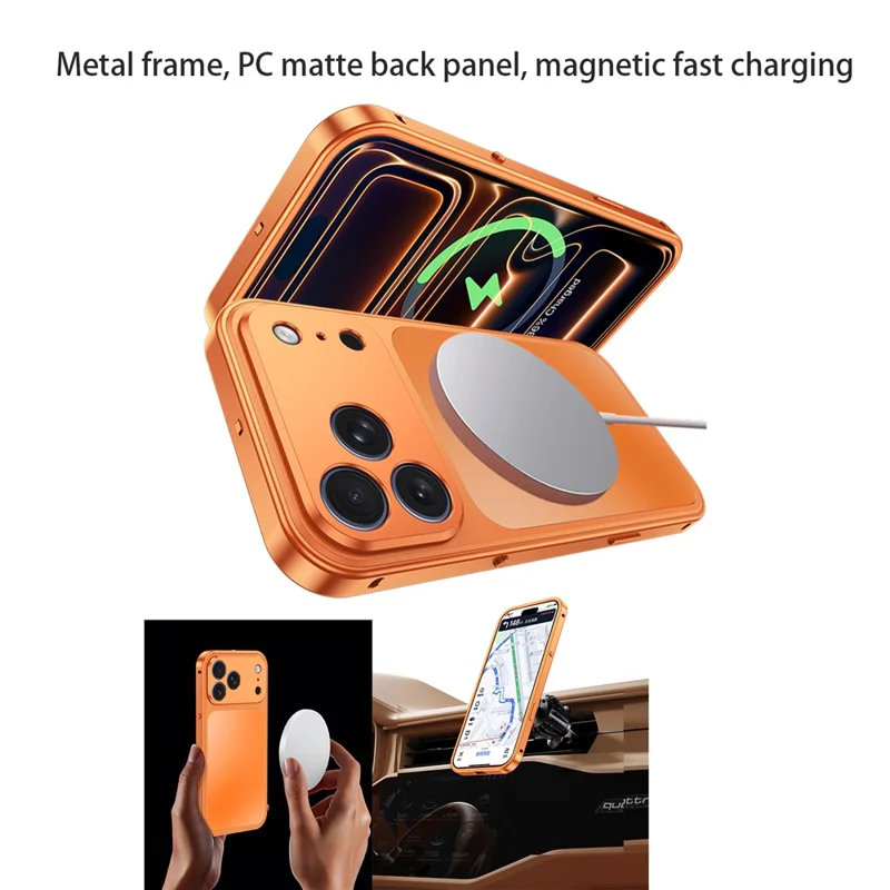 For iPhone 18 Pro Magnetic Case Metal Frame PC Back Phone Cover with Pop-Up Buckle - Orange - 3