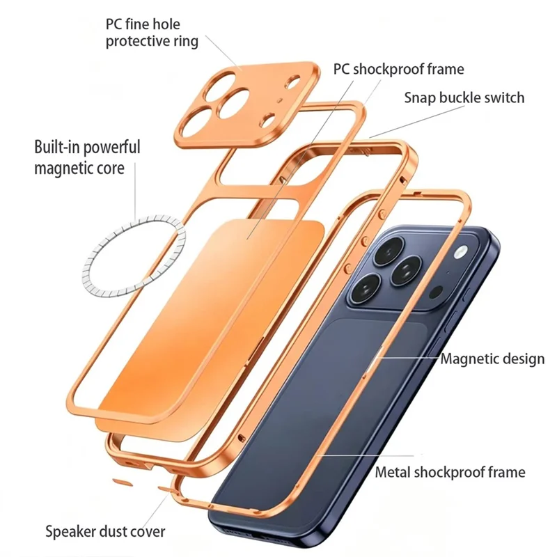 For iPhone 18 Pro Magnetic Case Metal Frame PC Back Phone Cover with Pop-Up Buckle - Orange - 4
