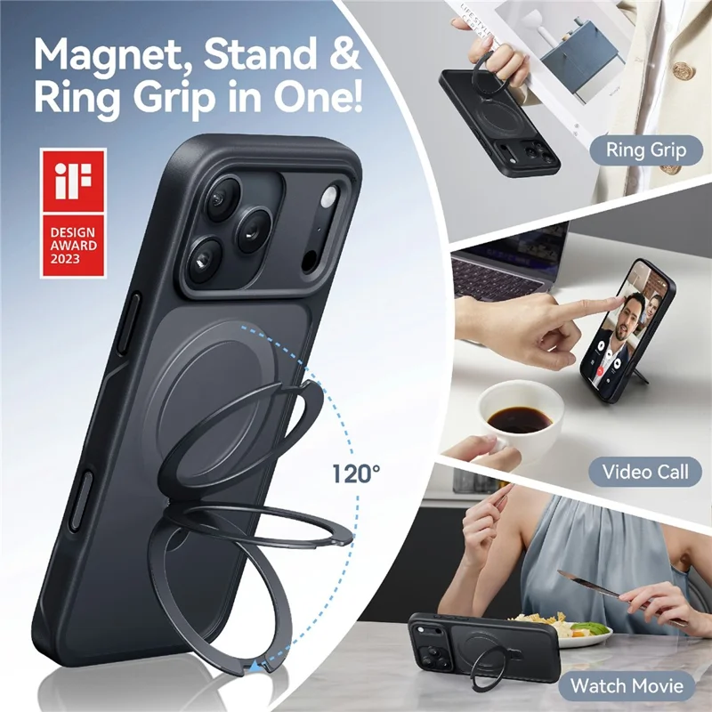 CASEKOO for iPhone 18 Pro Max / 17 Pro Max Case Magnetic Kickstand Translucent Matte PC + TPU Phone Cover Compatible with MagSafe - Black - 2