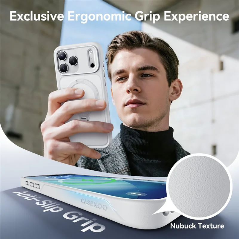 CASEKOO for iPhone 18 Pro / 17 Pro Case Magnetic Rotating Kickstand PC + TPU Matte Phone Cover - White - 10