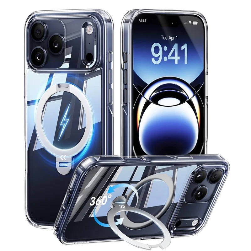 CASEKOO for iPhone 18 Pro Max / 17 Pro Max Magnetic Case Rotating Kickstand Clear PC + TPU Shockproof Back Cover - Transparent - 1