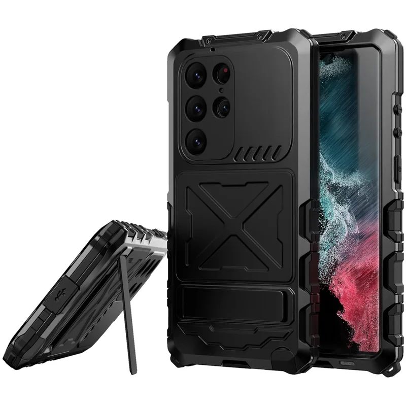 R-JUST For Samsung Galaxy S23 Ultra Phone Case Silicone + Metal Shockproof Dust-Proof Cover with Tempered Glass Film - Black - 1
