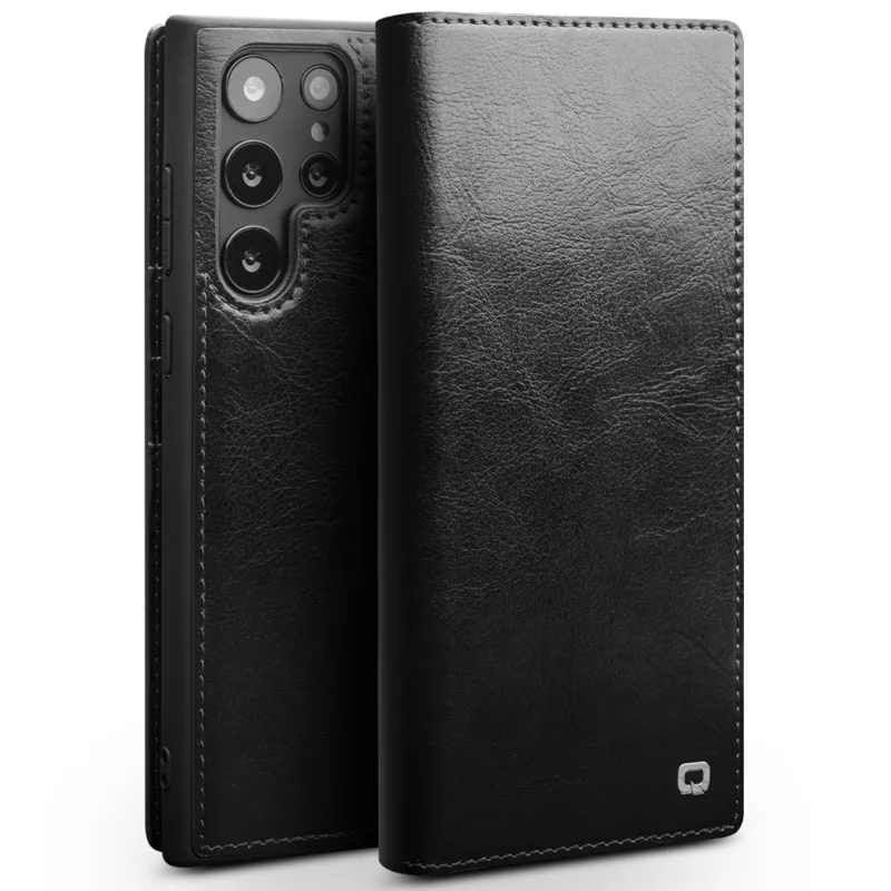 QIALINO For Samsung Galaxy S23 Ultra Shockproof Genuine Leather Phone Case Business Style Anti-Scratch Flip Cover Wallet Stand - Black - 1