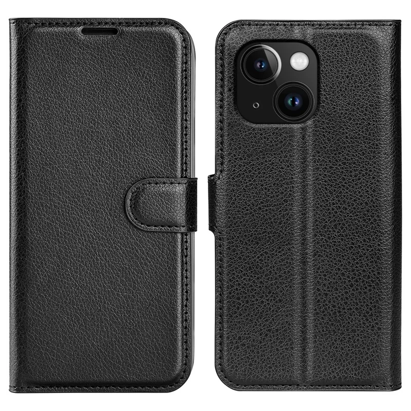 For iPhone 15 PU Leather Litchi Texture Stand Phone Case Wallet Flip Phone Cover - Black - 1