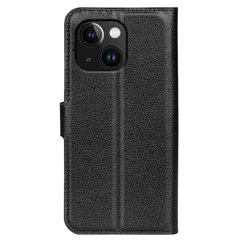 For iPhone 15 PU Leather Litchi Texture Stand Phone Case Wallet Flip Phone Cover - Black - 12