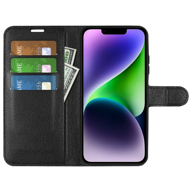 For iPhone 15 PU Leather Litchi Texture Stand Phone Case Wallet Flip Phone Cover - Black - 2