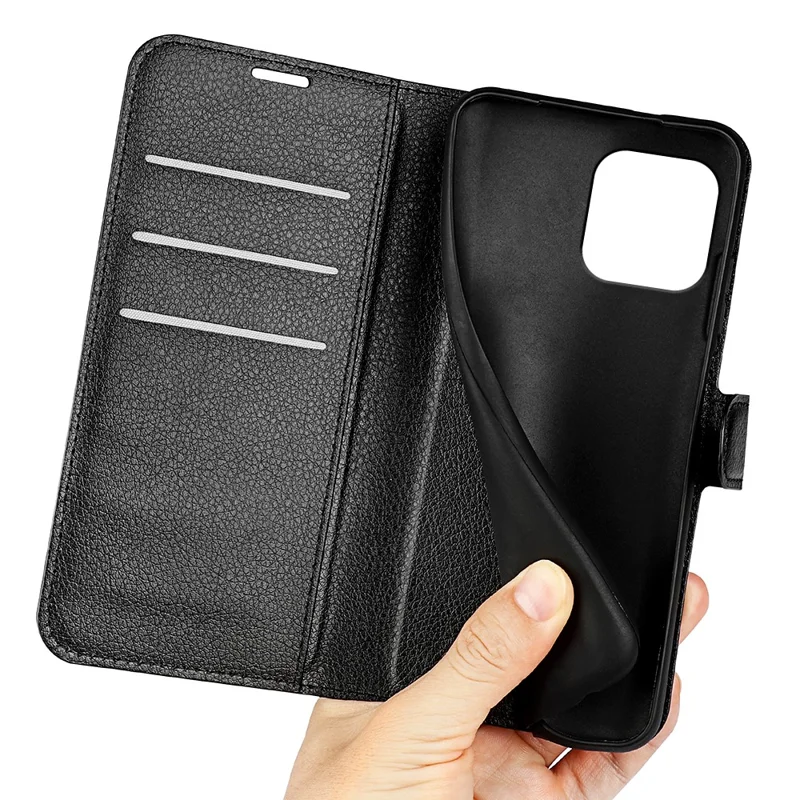 For iPhone 15 PU Leather Litchi Texture Stand Phone Case Wallet Flip Phone Cover - Black - 5