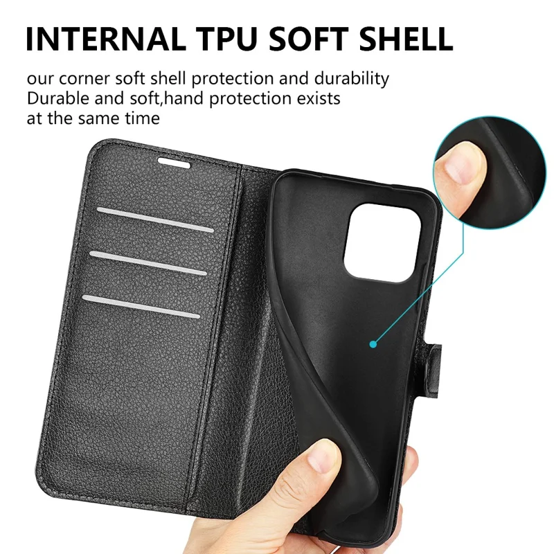 For iPhone 15 PU Leather Litchi Texture Stand Phone Case Wallet Flip Phone Cover - Black - 7