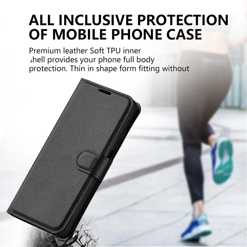 For iPhone 15 PU Leather Litchi Texture Stand Phone Case Wallet Flip Phone Cover - Black - 8