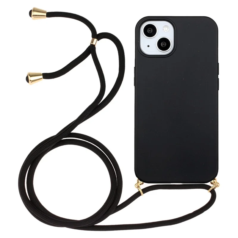 For iPhone 15 Eco-Friendly Phone Case Compostable Wheat Straw+TPU Shock Absorbing Cover with Lanyard - Black - 1