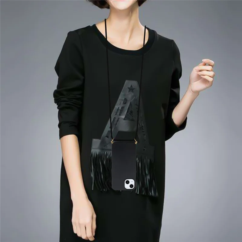 For iPhone 15 Eco-Friendly Phone Case Compostable Wheat Straw+TPU Shock Absorbing Cover with Lanyard - Black - 3