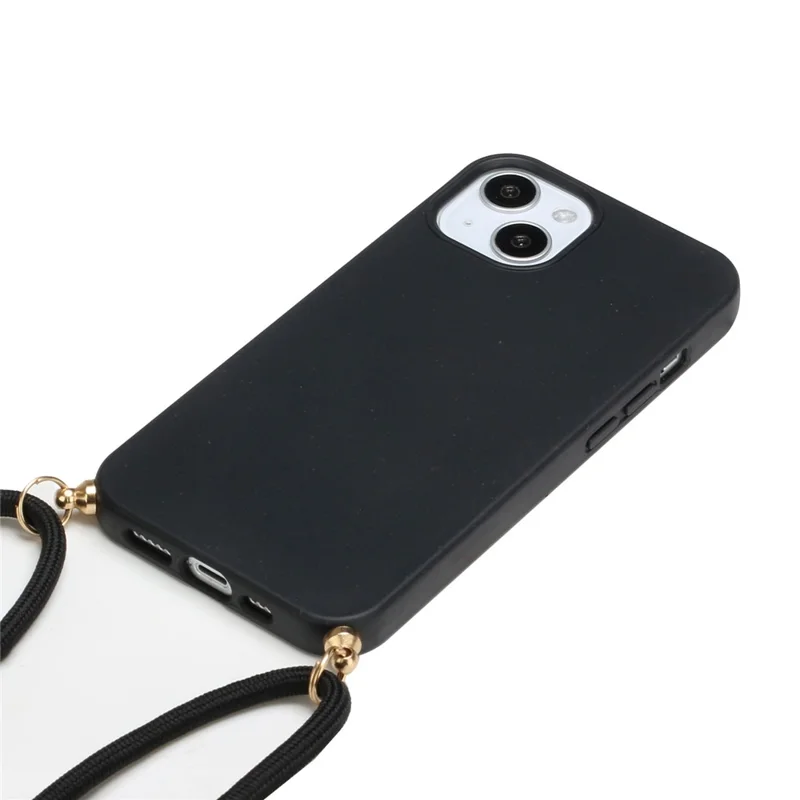 For iPhone 15 Eco-Friendly Phone Case Compostable Wheat Straw+TPU Shock Absorbing Cover with Lanyard - Black - 4