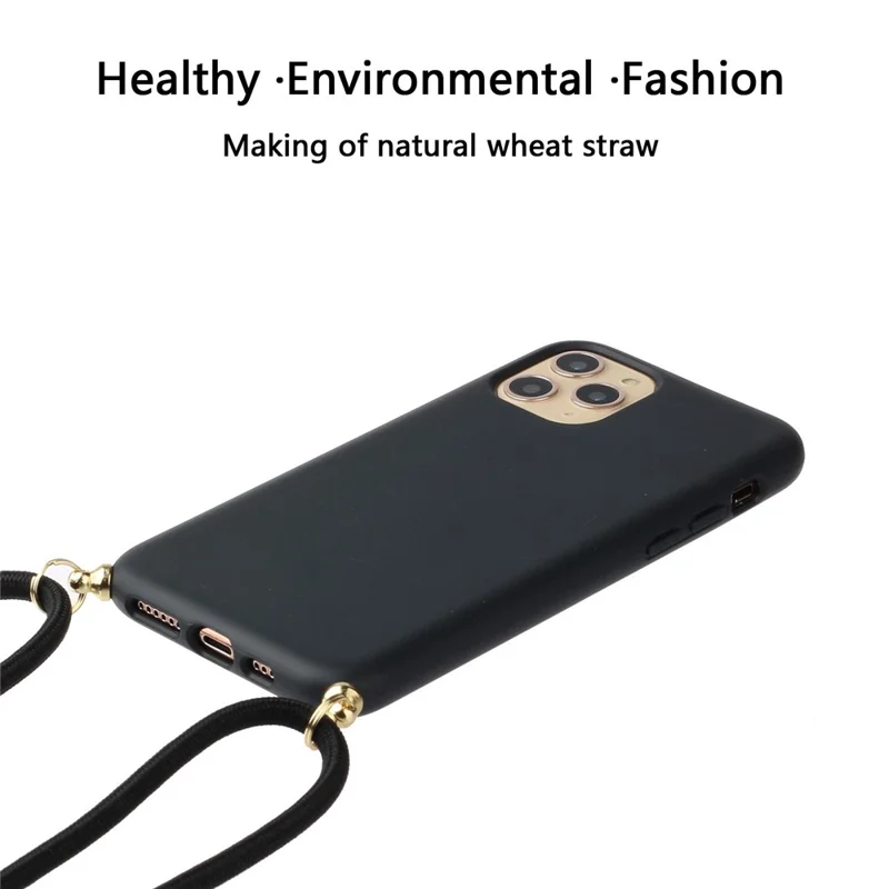 For iPhone 15 Pro Wheat Straw+TPU Phone Case Environment-Friendly Biodegradable Cover with Lanyard - Black - 2
