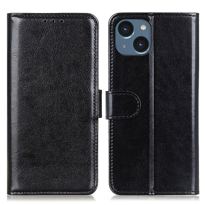 Cell Phone Case Wallet for iPhone 15 , Anti-Scratch Crazy Horse Texture PU Leather Stand Phone Cover - Black - 1