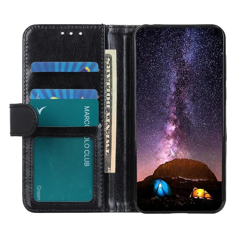 Cell Phone Case Wallet for iPhone 15 , Anti-Scratch Crazy Horse Texture PU Leather Stand Phone Cover - Black - 2