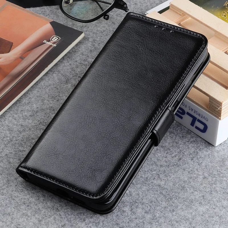 Cell Phone Case Wallet for iPhone 15 , Anti-Scratch Crazy Horse Texture PU Leather Stand Phone Cover - Black - 5