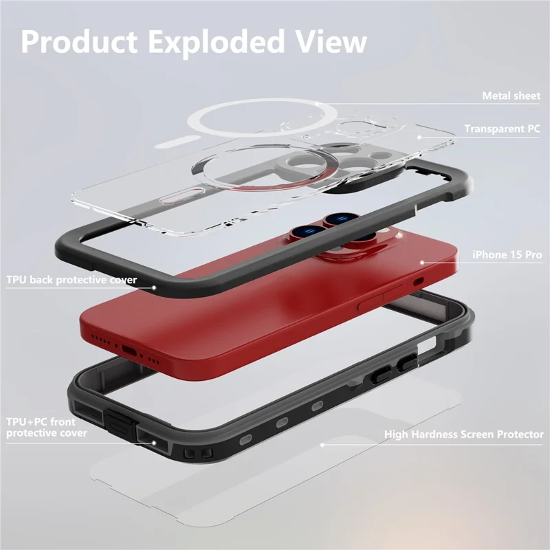 SHELLBOX Dot+ Series IP68 Waterproof Case for iPhone 15 Pro Magnetic PC+TPU Clear Phone Cover Compatible with MagSafe - Black - 8