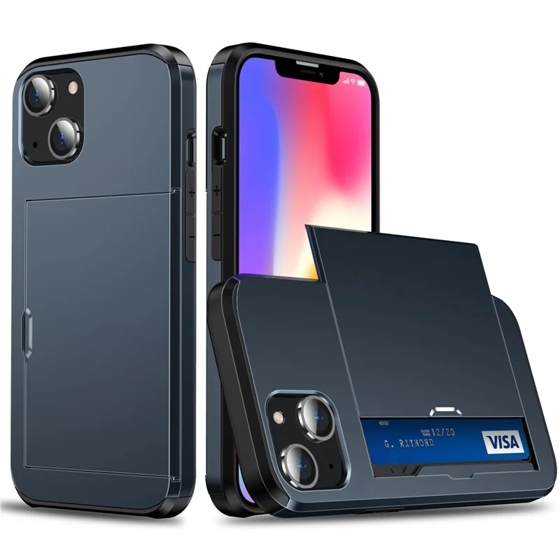 Slide Card Holder Protective Phone Case for iPhone 15 , TPU + PC Drop-proof Cell Phone Cover - Navy Blue - 1
