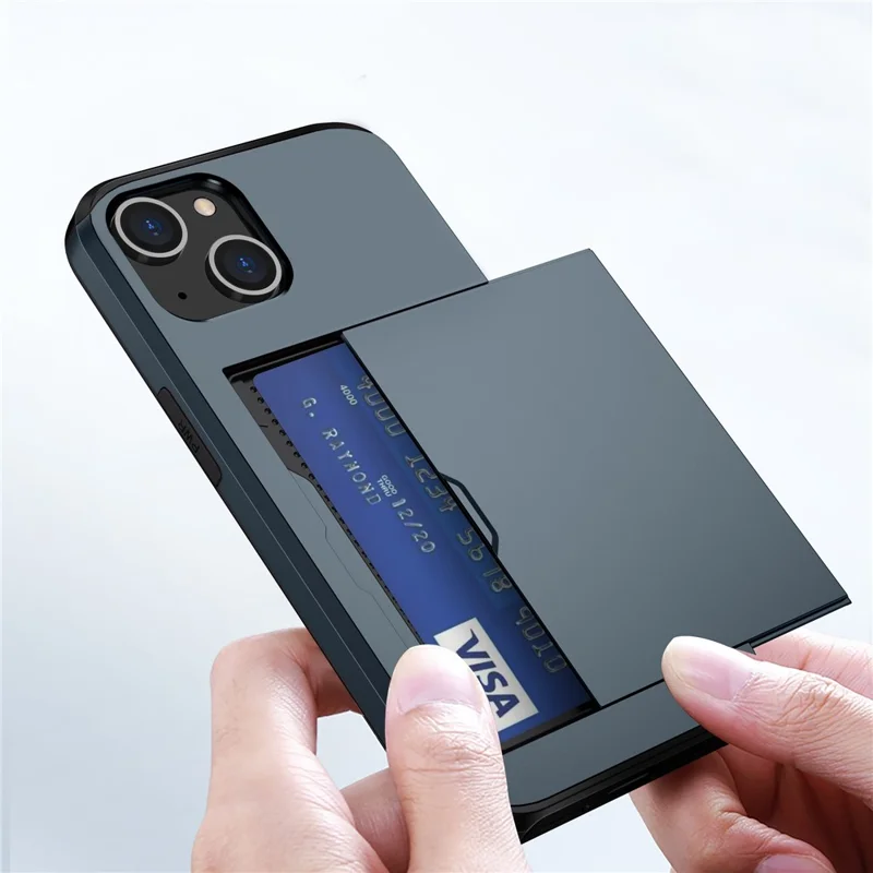 Slide Card Holder Protective Phone Case for iPhone 15 , TPU + PC Drop-proof Cell Phone Cover - Navy Blue - 10