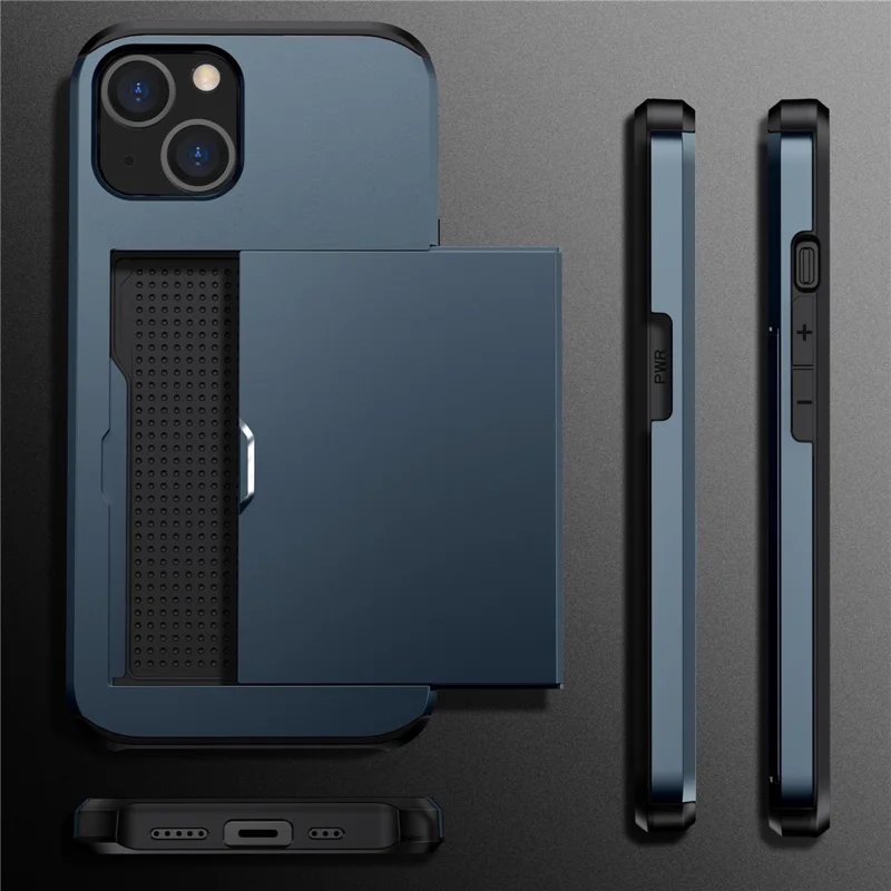 Slide Card Holder Protective Phone Case for iPhone 15 , TPU + PC Drop-proof Cell Phone Cover - Navy Blue - 11