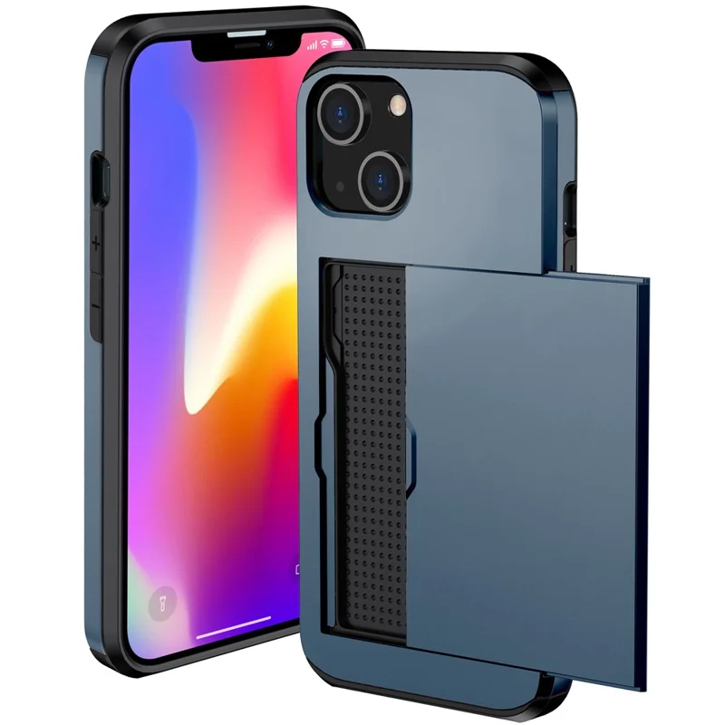 Slide Card Holder Protective Phone Case for iPhone 15 , TPU + PC Drop-proof Cell Phone Cover - Navy Blue - 2