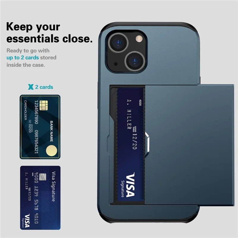 Slide Card Holder Protective Phone Case for iPhone 15 , TPU + PC Drop-proof Cell Phone Cover - Navy Blue - 3