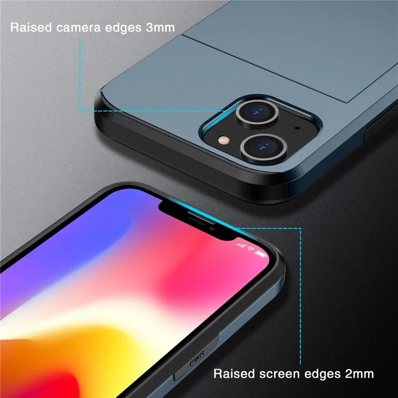 Slide Card Holder Protective Phone Case for iPhone 15 , TPU + PC Drop-proof Cell Phone Cover - Navy Blue - 4