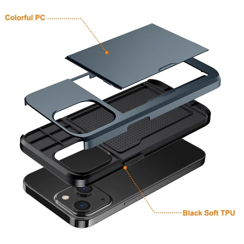 Slide Card Holder Protective Phone Case for iPhone 15 , TPU + PC Drop-proof Cell Phone Cover - Navy Blue - 5