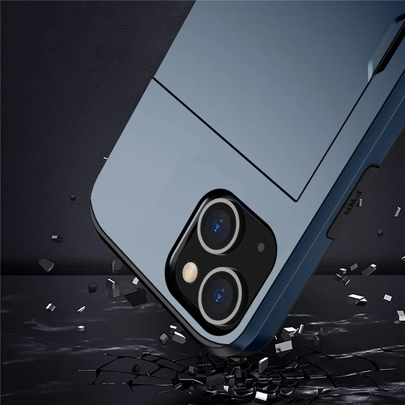 Slide Card Holder Protective Phone Case for iPhone 15 , TPU + PC Drop-proof Cell Phone Cover - Navy Blue - 6
