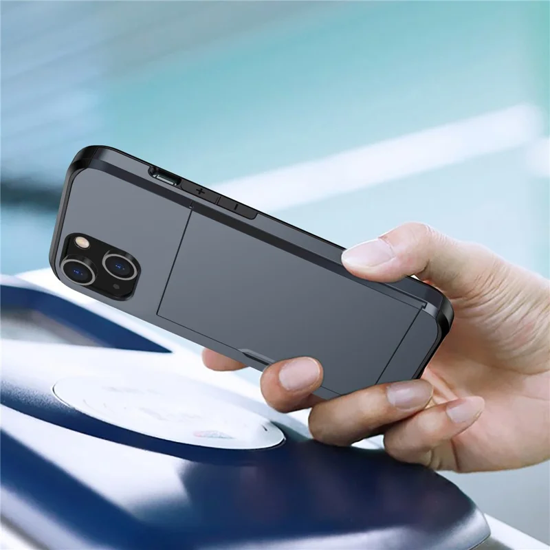 Slide Card Holder Protective Phone Case for iPhone 15 , TPU + PC Drop-proof Cell Phone Cover - Navy Blue - 7