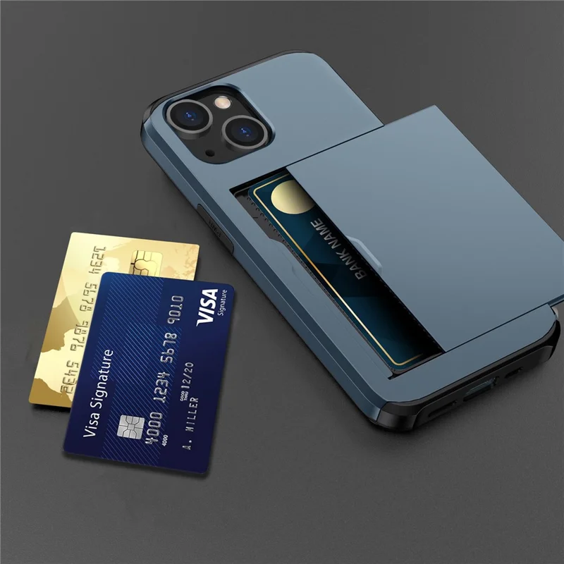 Slide Card Holder Protective Phone Case for iPhone 15 , TPU + PC Drop-proof Cell Phone Cover - Navy Blue - 9